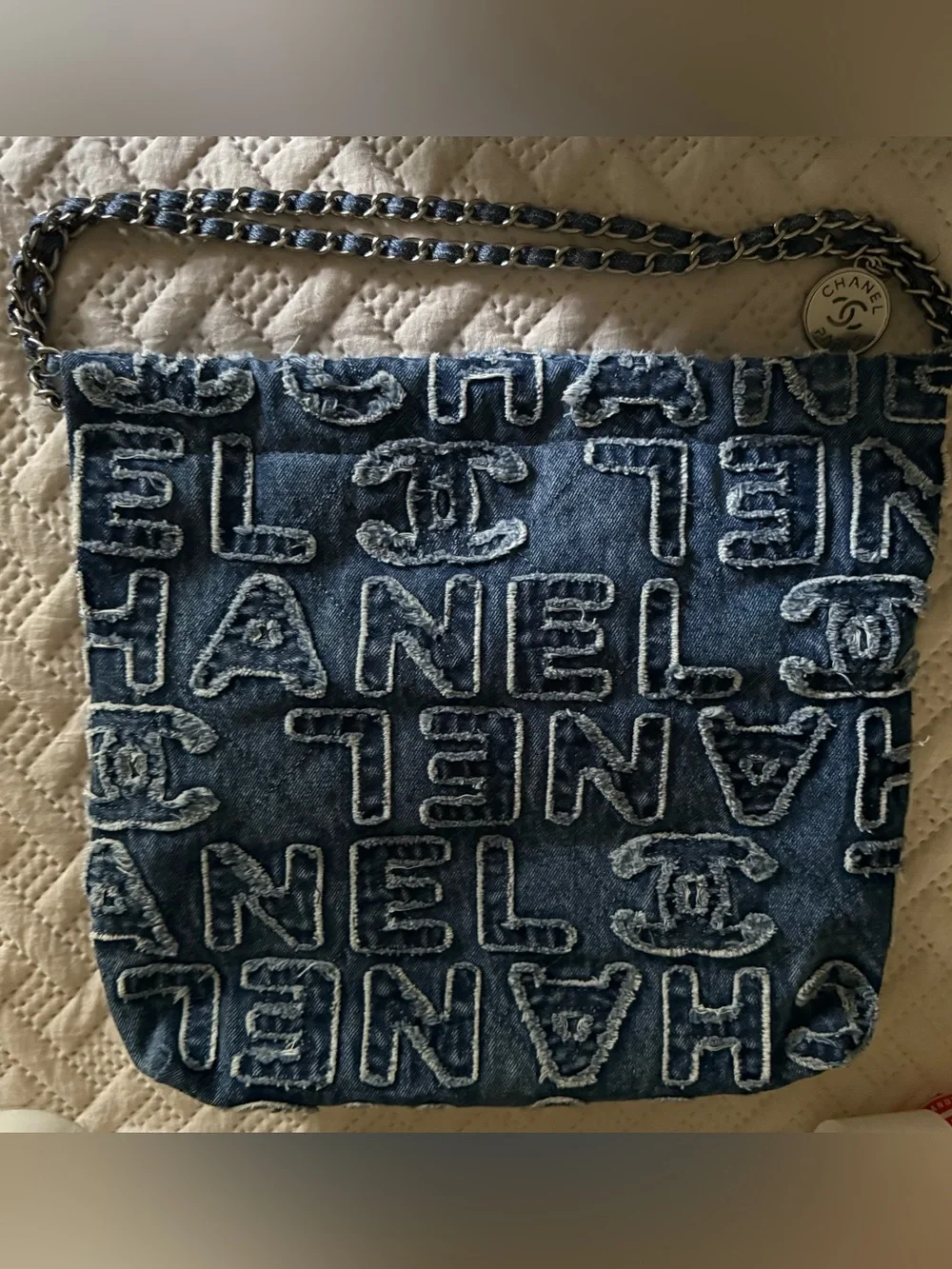 Denim Logo-Embroidered Navy Shoulder Hobo